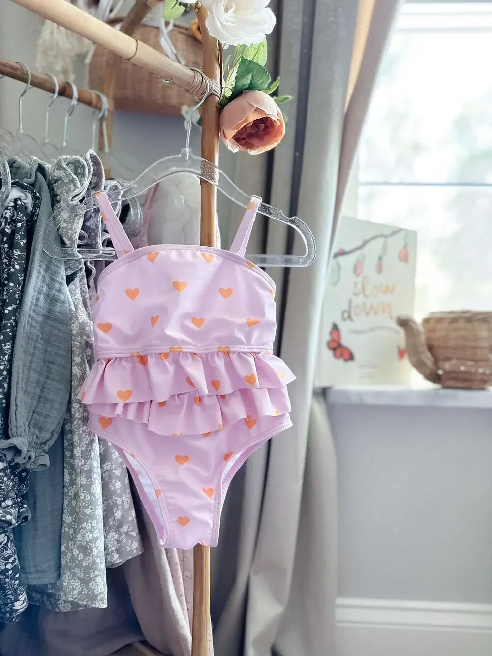 New Darling Heart Print Blush Pink Frill Trim 2pc Cami Swimsuit 4T